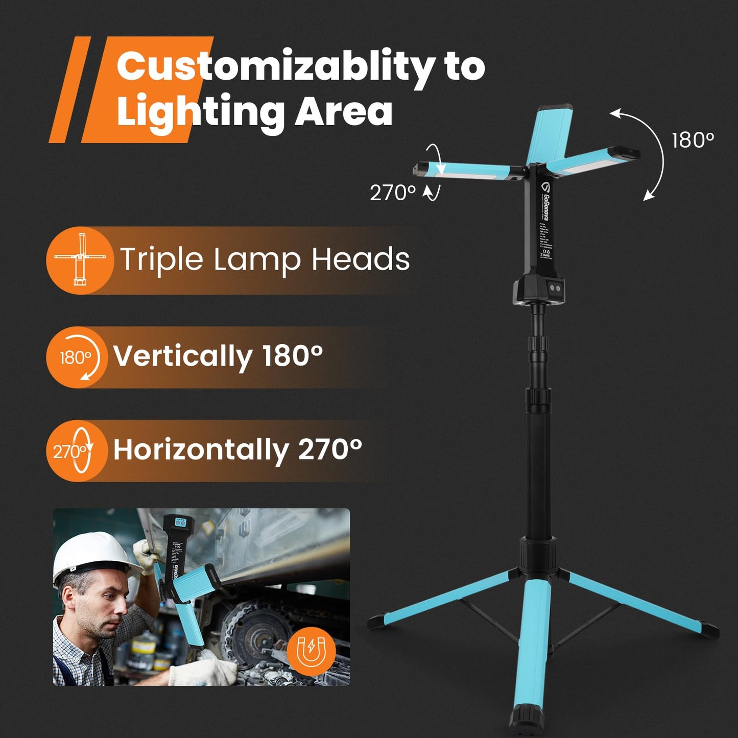 Rechargeable Work Light with Stand, GoGonova Cordless Work Light with Triple LED Lamps, 8AH Battery, 700/1200/2200 Lumen, 4000/6500K Dimmable Camping Light with Detachable Tripod（Blue）