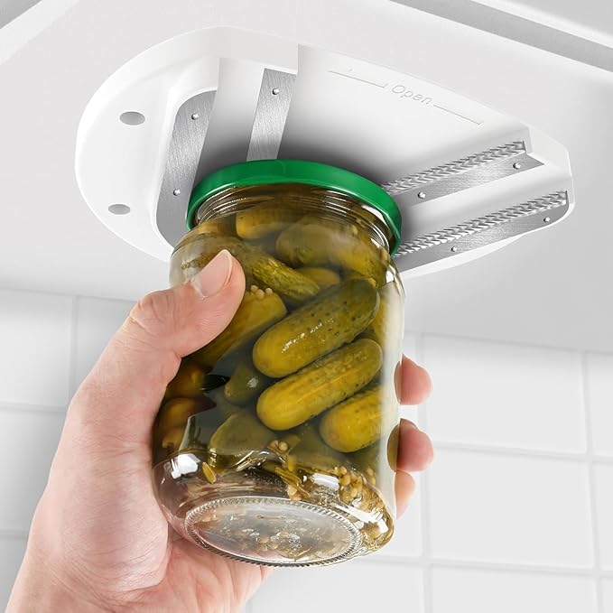 Mount-on Cabinet Jar Opener for Weak Hands,Seniors with Arthritis,Double U Shaped Grooves Grip Bottle Opener for Any Size Lid,304 Stainless Steel One-Handed Can Opener Tool for Home Assistance,White