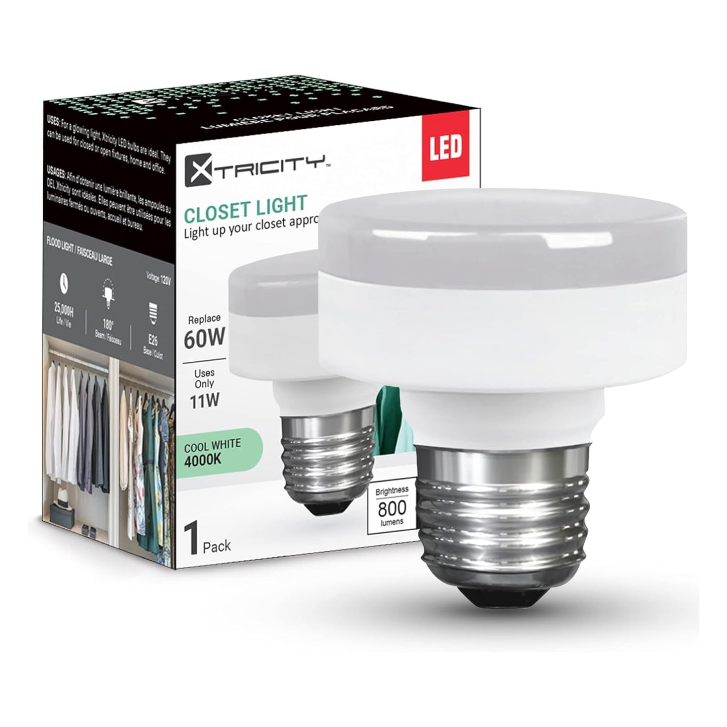 Xtricity LED Puck Light Bulb, Dimmable, 11W (60W Equivalent), 800 Lumens, 4000K Cool White, Plastic, 1 Pack
