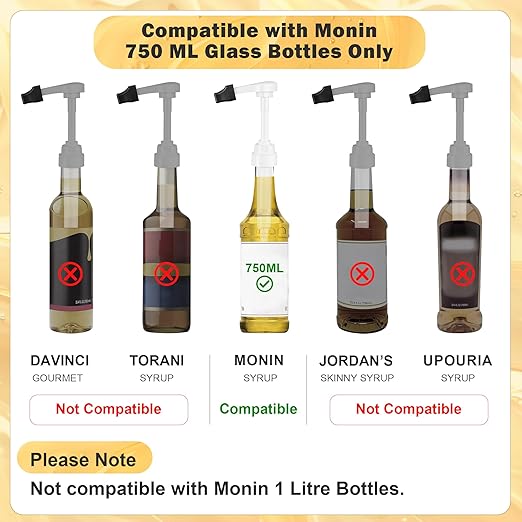 Coffee Syrup Pump for 750 ml Bottle – 4 Pack Syrup Dispenser Pumps Compatible with Monin Glass Bottles – No Clog, Precise Dispensing, Includes 6 Tip Covers – for Coffee Bar, Kitchen, White