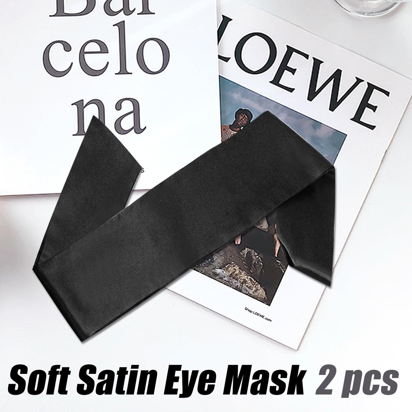 Eychei 2 Pcs Satin Eye Mask for Sleeping, Black and Black Blindfold Silk Sleep Mask, Soft Comfortable Adjustable Blackout Eye Cover V-Shaped Satin Sleep Masks for Women, Men (160 cm/6.3 inch)
