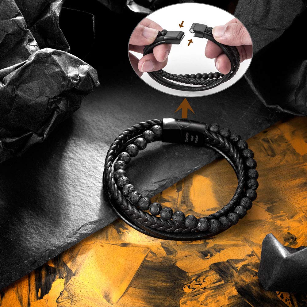 murtoo Mens Bead Leather Bracelet, Blue and Brown Bead and Leather Bracelet for Men (Black Bead)