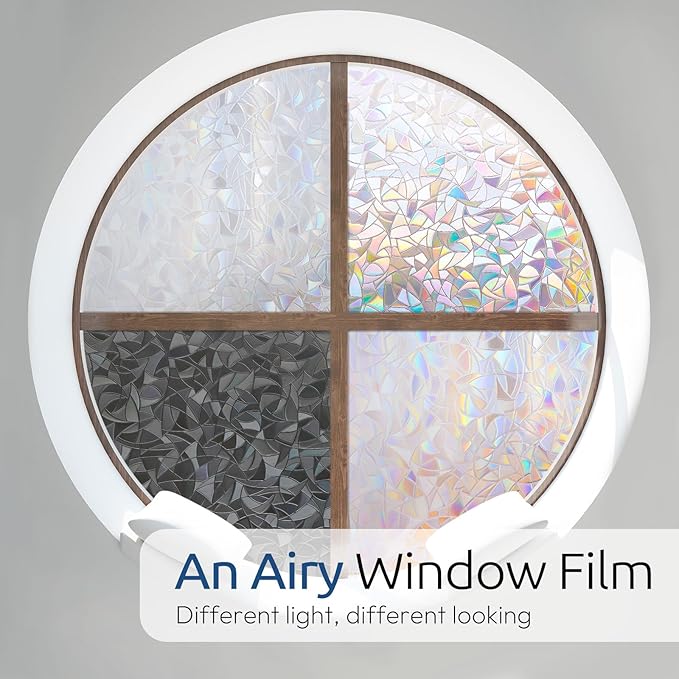 rabbitgoo Window Privacy Film Rainbow Film Decorative Window Sticker, 3D Static Stained Glass Cling Tint for Home Heat Control Non-Adhesive, 29.5 x 118.1 inches