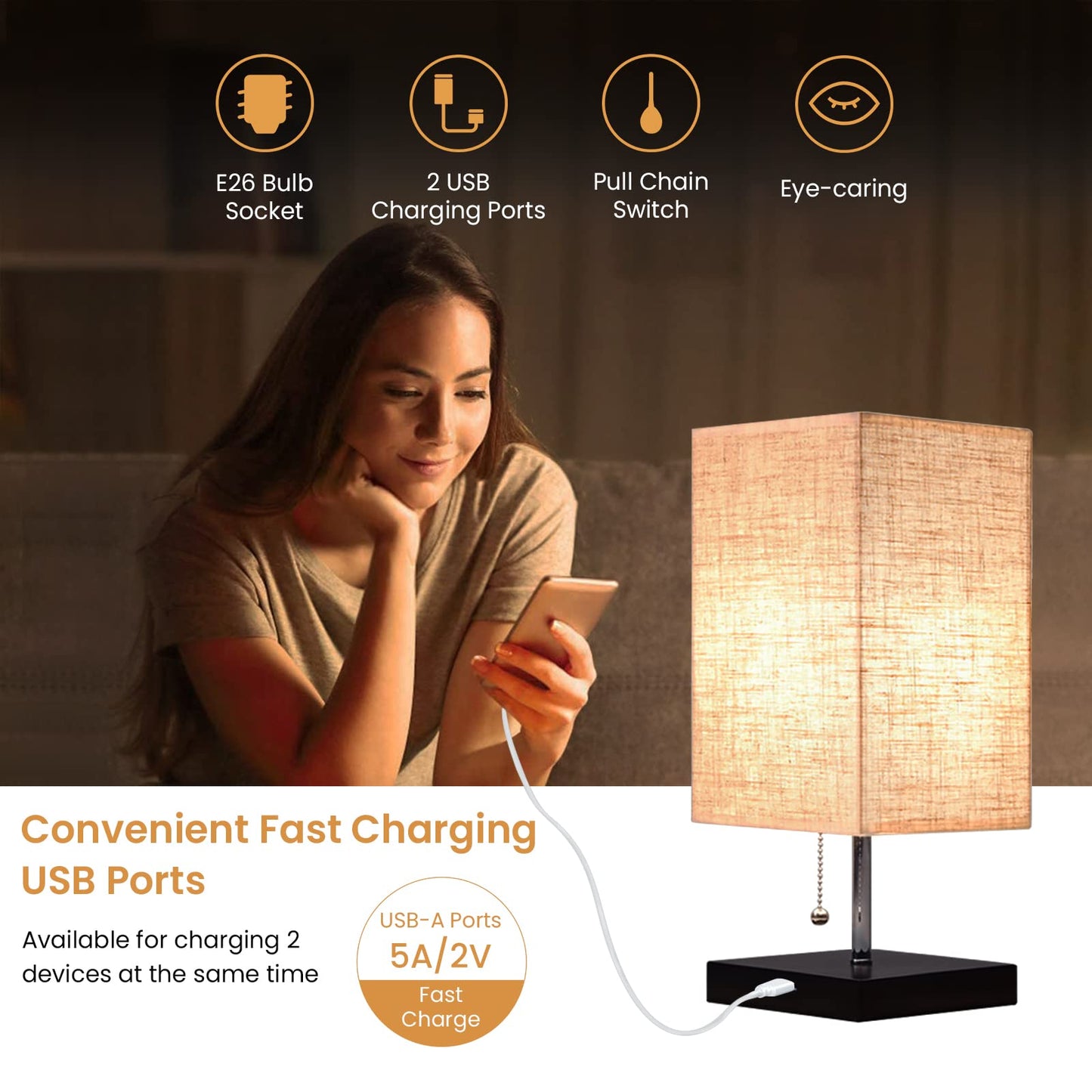 Siljoy Modern Bedside Table Lamp with USB Ports, Pull Chain Switch, Fabric Shade, Square, Black Base