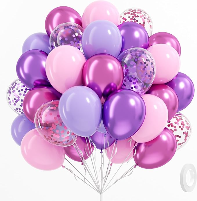 61pcs Pink and Purple Balloons, 12 Inch Purple Pink Confetti Balloons, Metallic Balloon with Ribbon for Bridal Baby Shower...