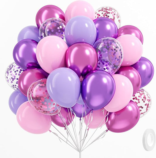 61pcs Pink and Purple Balloons, 12 Inch Purple Pink Confetti Balloons, Metallic Balloon with Ribbon for Bridal Baby Shower...