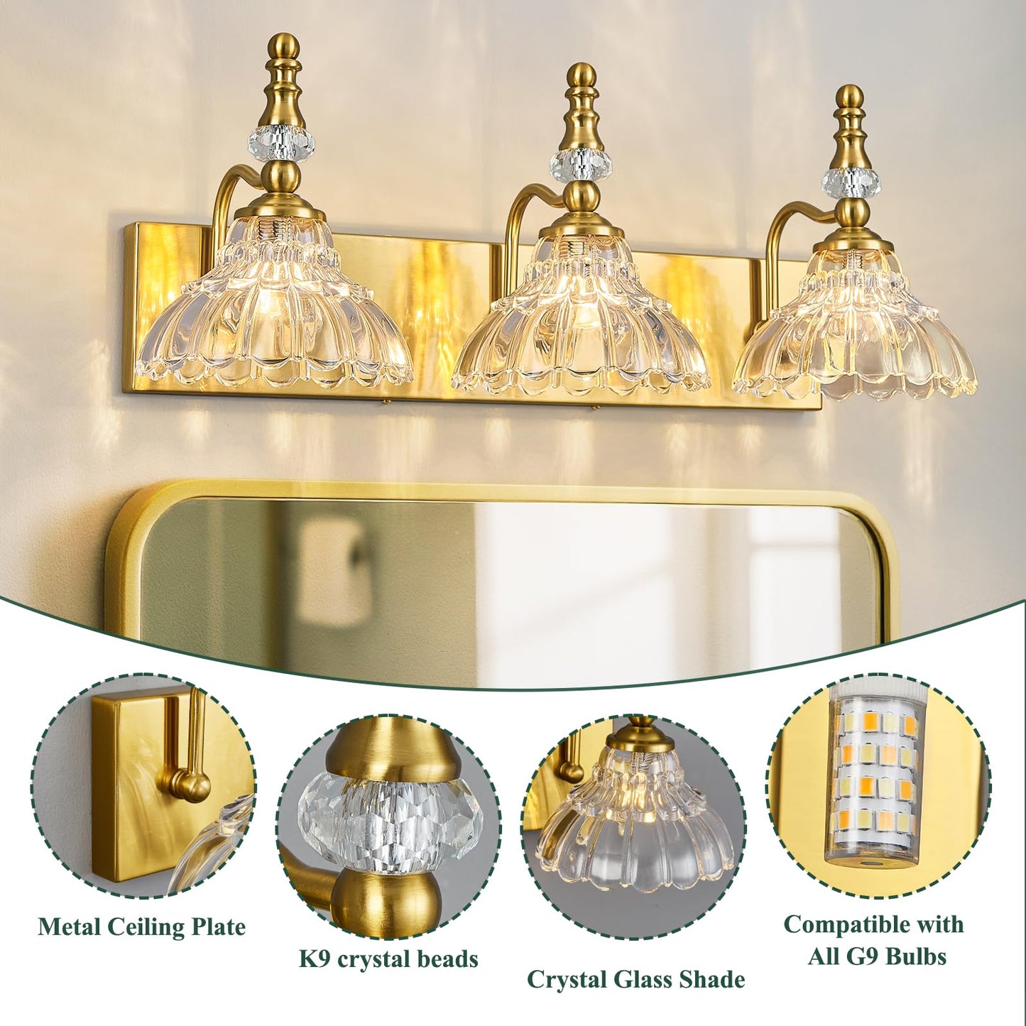 Lbsqj Vintage Bathroom Vanity Light  3-Light Gold Vanity Lighting Fixture With Flower Glass Shade  Bathroom Lighting Fixtures Over Mirror