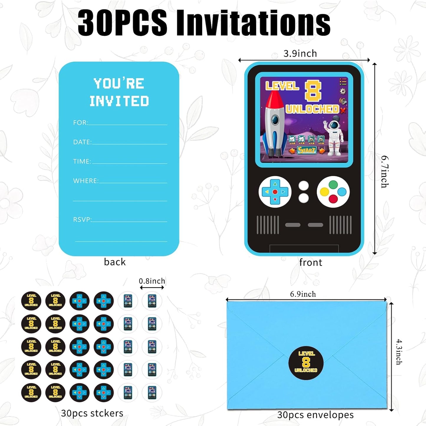30 Pack Video Game Birthday Invitations for Boys with Envelopes and Sticker, Cute 8th Birthday Party Invitations Cards for Kids, Party Decorations Supplies for 8 Year Old Boys Birthday Invitations