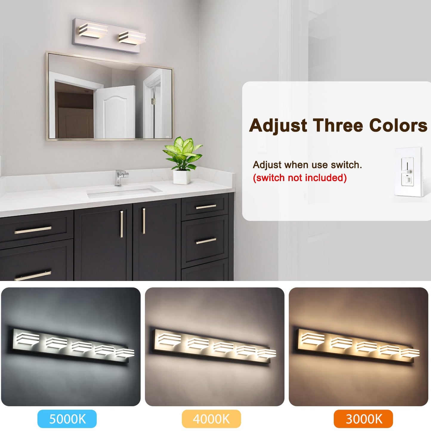 yumcrelect 2-Light, 12.6-Inch Wall Lights Brushed Nickel Vanity Lights for Bathroom Light Fixtures Adjust 3 Colors Modern Bath Lighing Fixture Over Mirror