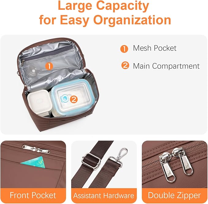 NOL Natural Organic Lifestyle Small Insulated Lunch Bags for Women Cooler Bag Lightweight Nylon Waterproof Lunch Box for Work（Small，coffee）