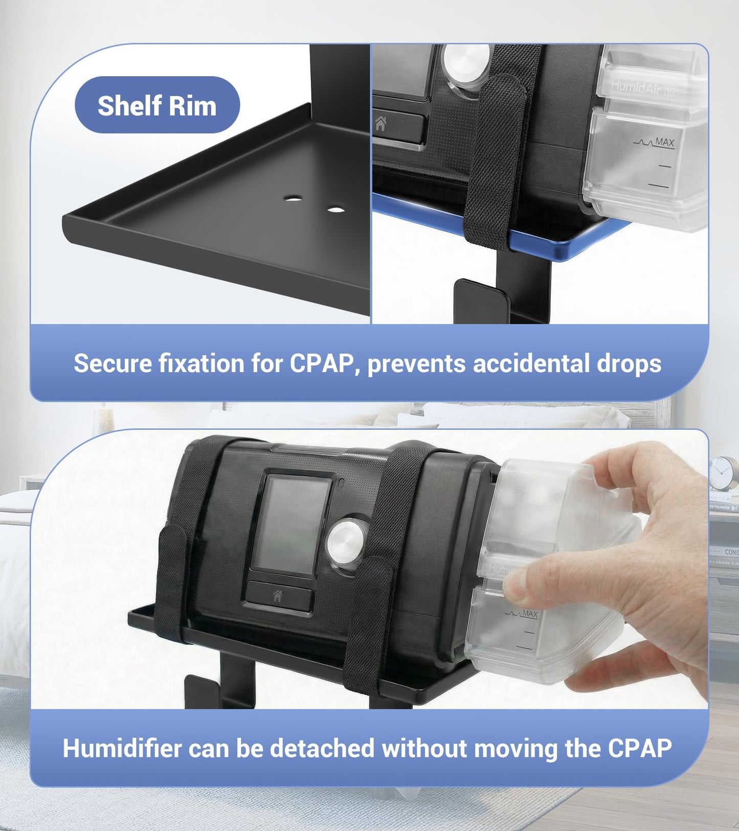 CPAP Hose Holder Wall Mount,Easy to Install,Equipped with Mask Hooks & Adjustable CPAP Tubings Hose Hanger,Space Saving CPAP Shelf,Bedside Organizer
