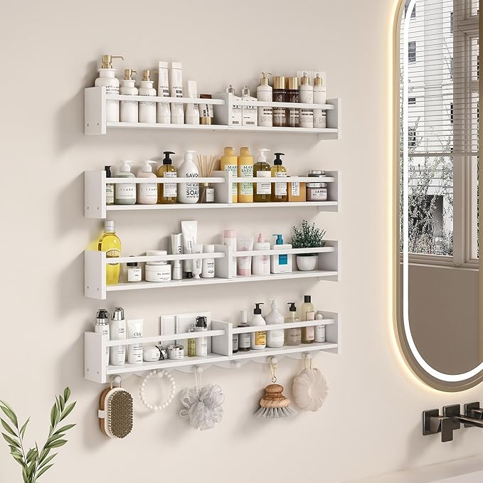 34Inch Nursery Bookshelves,Set of 4,Wall Floating Shelf Kids Coat Rack with 6Hooks,Hanging Book Shelf for Baby Nursery Room Décor ，Patent Number: 29958098(White, 34)