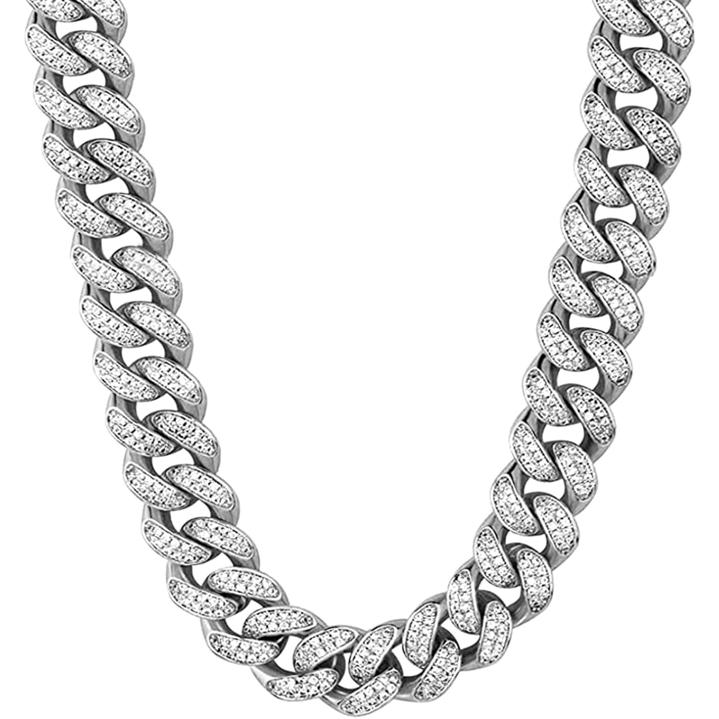 Apzzic 12mm Miami Cuban Link Chain Iced Out CZ Diamond Curb Choker Necklace with Giftbox for Men Women Silver 24inch