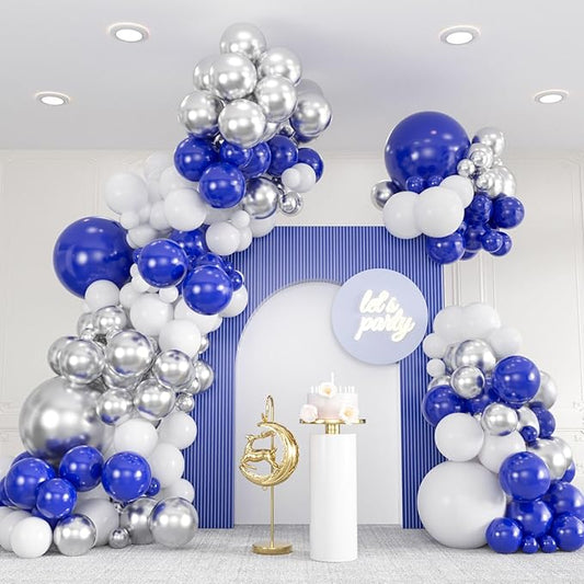 136pcs Blue White Silver Balloon Garland Kit - 18/12/10/5 Inch Royal Blue, Silver Confetti Balloon Arch for New Year, Grad...