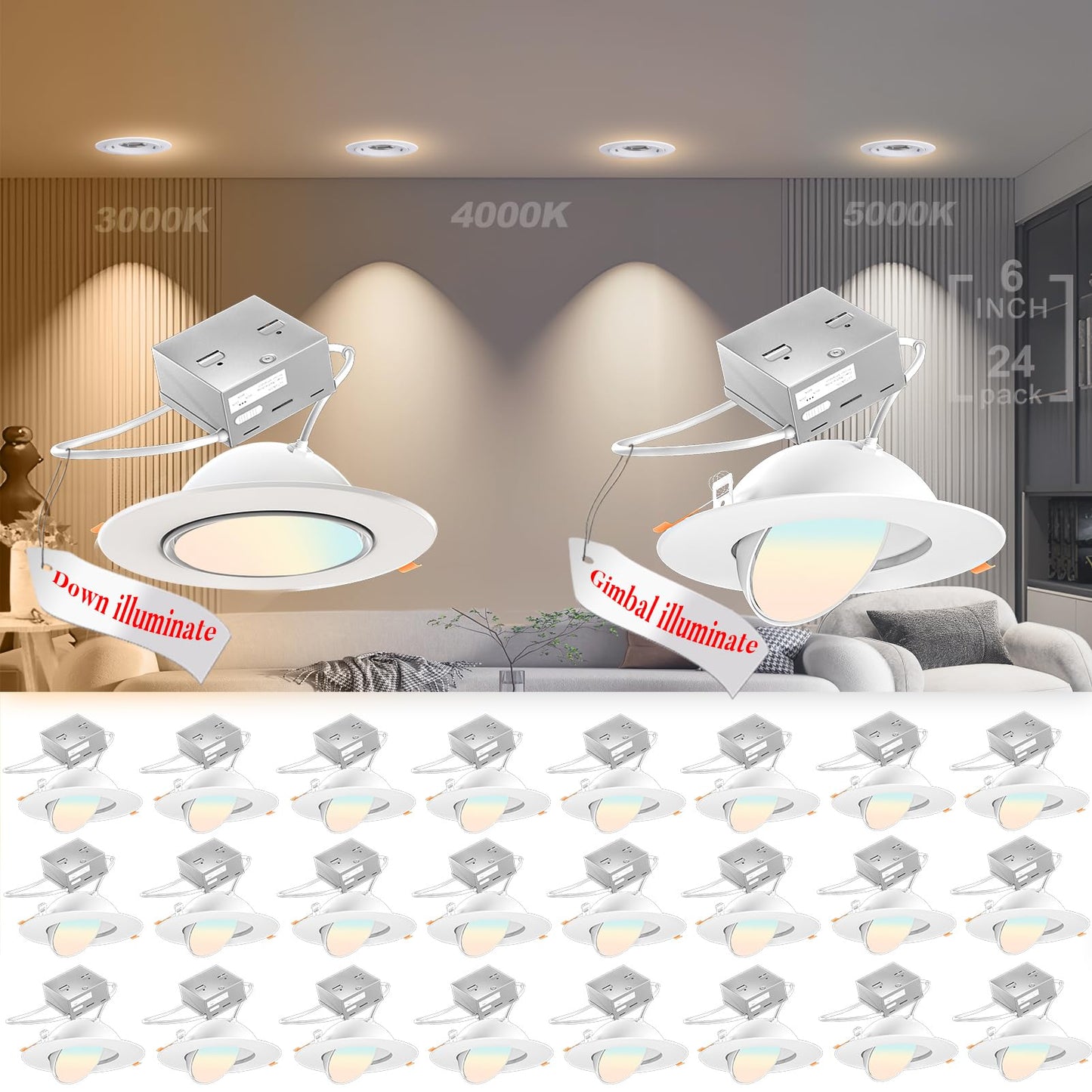 Lightdot 24 Pack 6 Inch Led Gimbal Recessed Lighting  360+90 Adjustable  3Cct Selectable & Dimmable (5%-100%)  1300Lm Ultra Bright Canless Light  Etl/Fcc Certified For Living Room/Kitchen-White