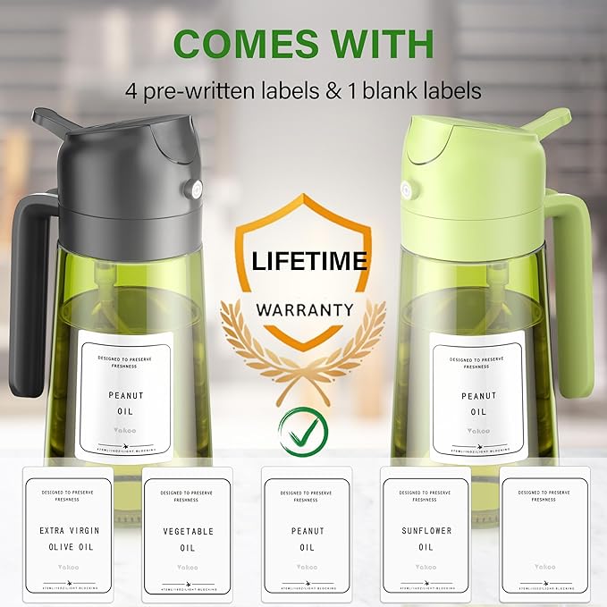 Vakoo 2 in 1 Oil Sprayer and Oil Dispenser for Kitchen - 16oz/470ml Light-Blocking Dark Glass Olive Oil Spray Bottle for Cooking, Air Fryer, Salad & BBQ (Black&Green)