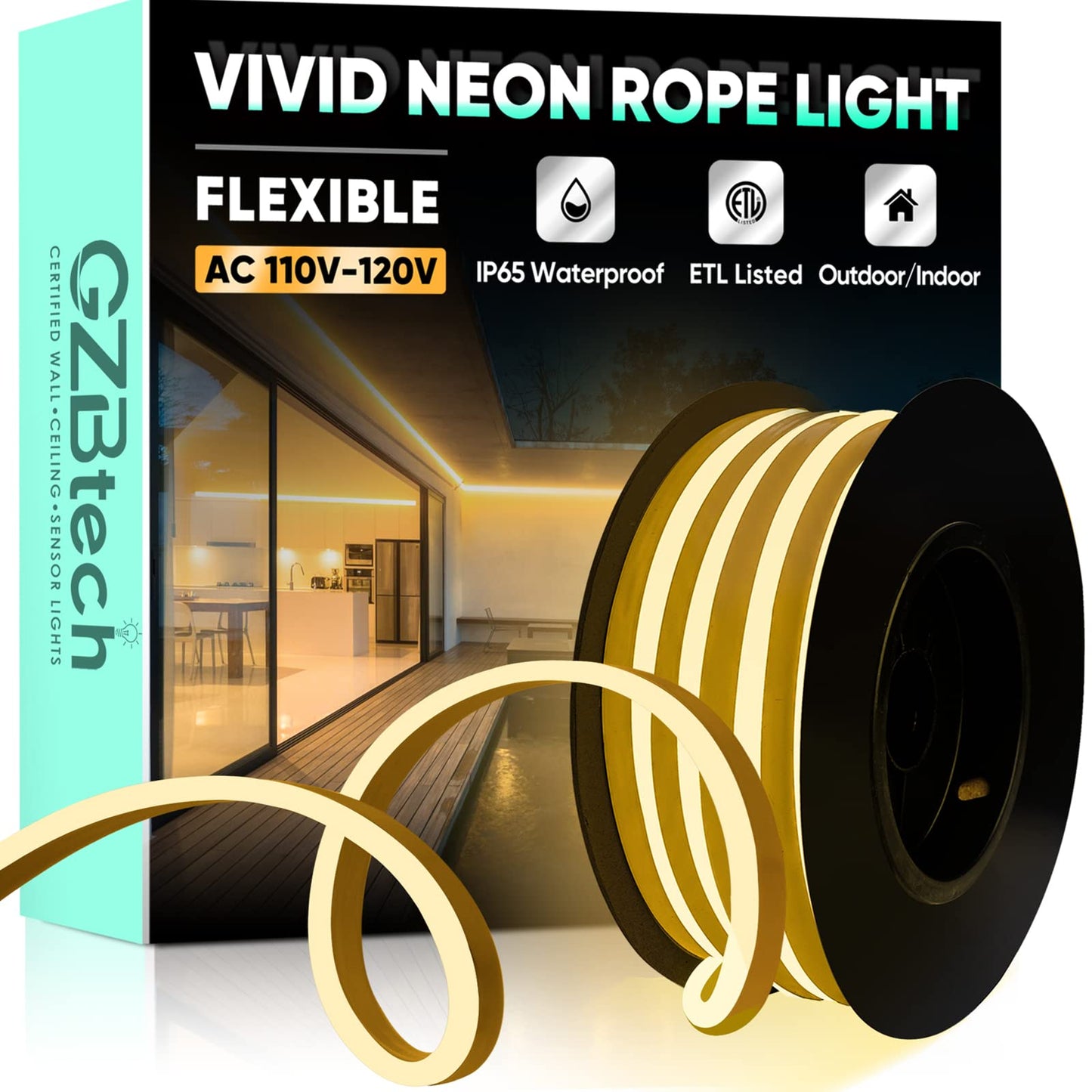 Gzbtech Flexible Led Neon Rope Lights 16.4Ft Ac 110-120V Waterproof Strip Light  120Leds/M Cuttable Connectable Neon Lighting For Indoor Outdoor Home Decor/Commercial Building Use-Warm White 5M