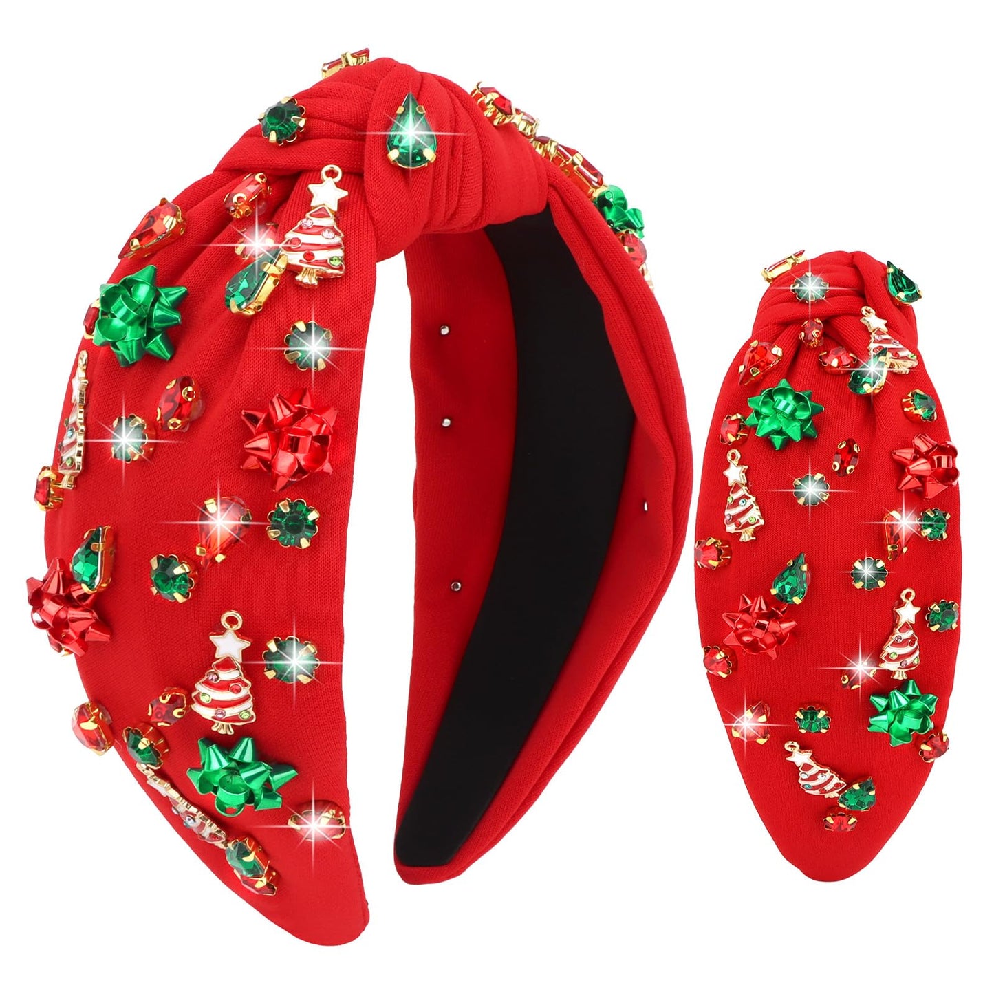YARIEW Christmas Headbands for Women Christmas Tree Red Green Xmas Bow Jeweled Crystal Xmas Headband Hair Accessories Holiday De