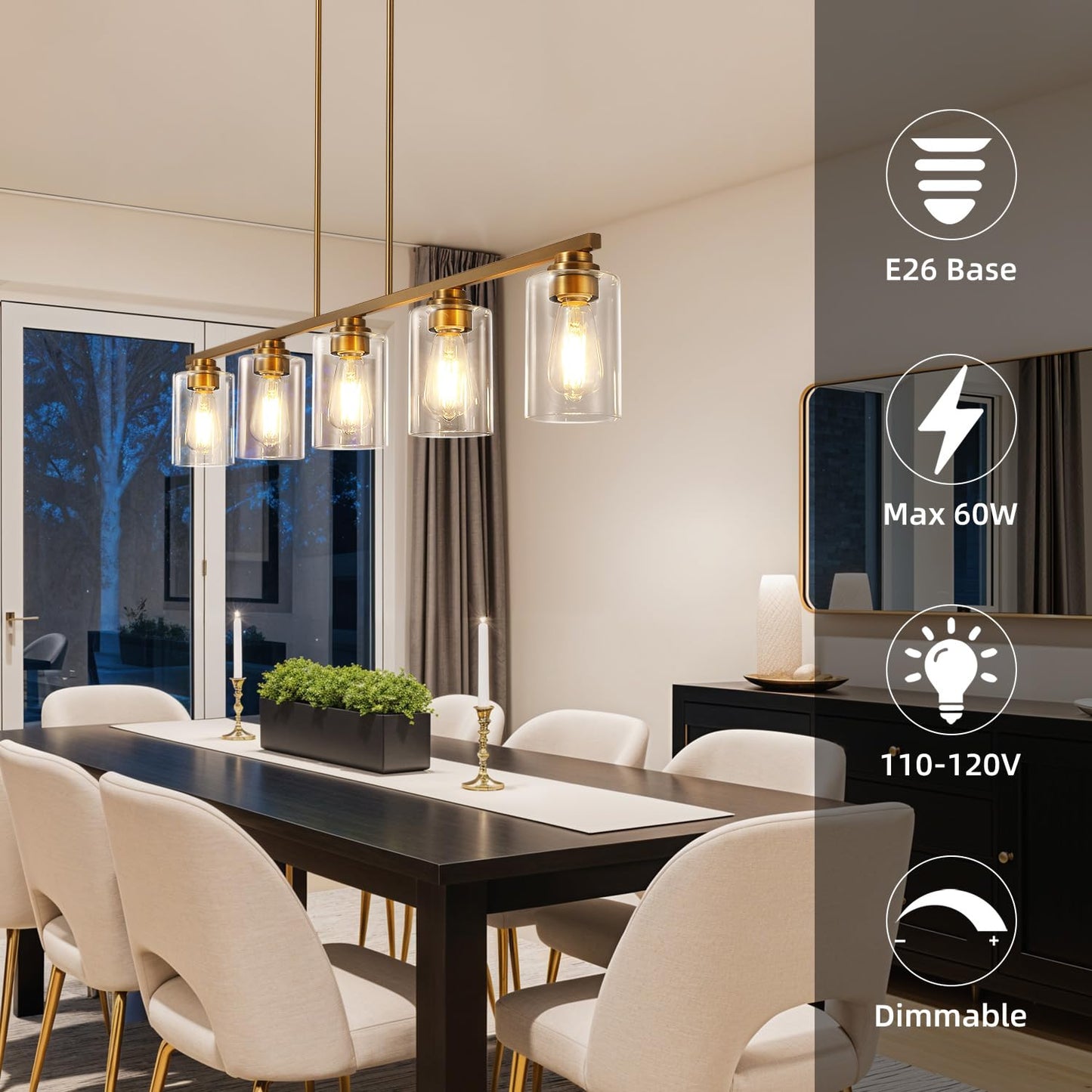 Mecgirn Island Light For Kitchen  Brushed Brass Dining Room Light Fixture Over Table  5-Light Linear Chandelier Pendant Lighting For Dining Table Kitchen Island Living Room
