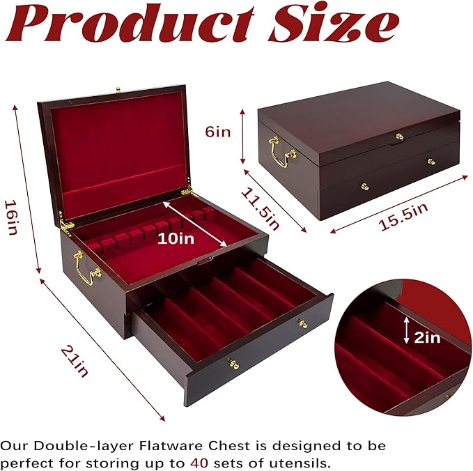 Silverware Storage Box Solid Wood with Lid, 2 Layer Silverware Storage Chest, 15.5'' ×11.5'' Silverware Organizer with Handle and Felt Lined, Chest for Flatware Setting Up 30