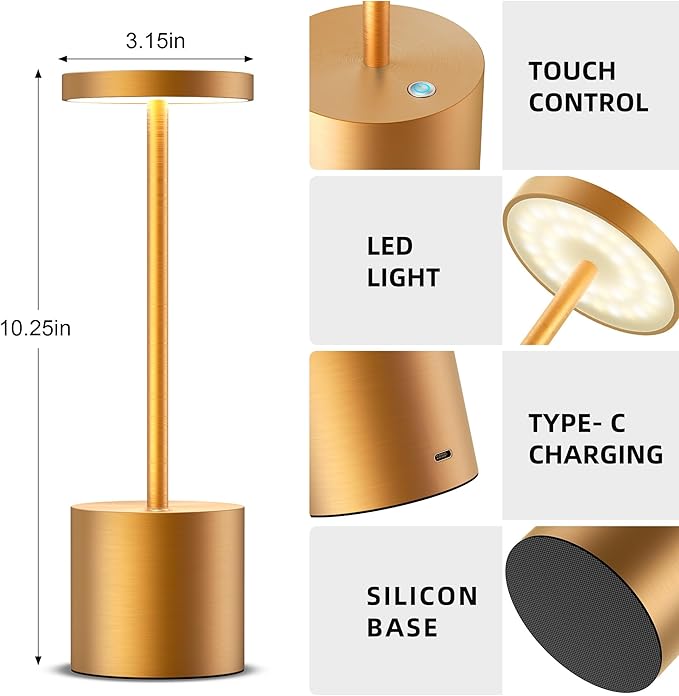 Cordless Table Lamps Rechargeable - Outdoor Portable LED Table Light 5000mAh Battery Operated Lamp 3 Color Stepless Dimming with Memory Function for Restaurant Dining Patio 2Pack Gold