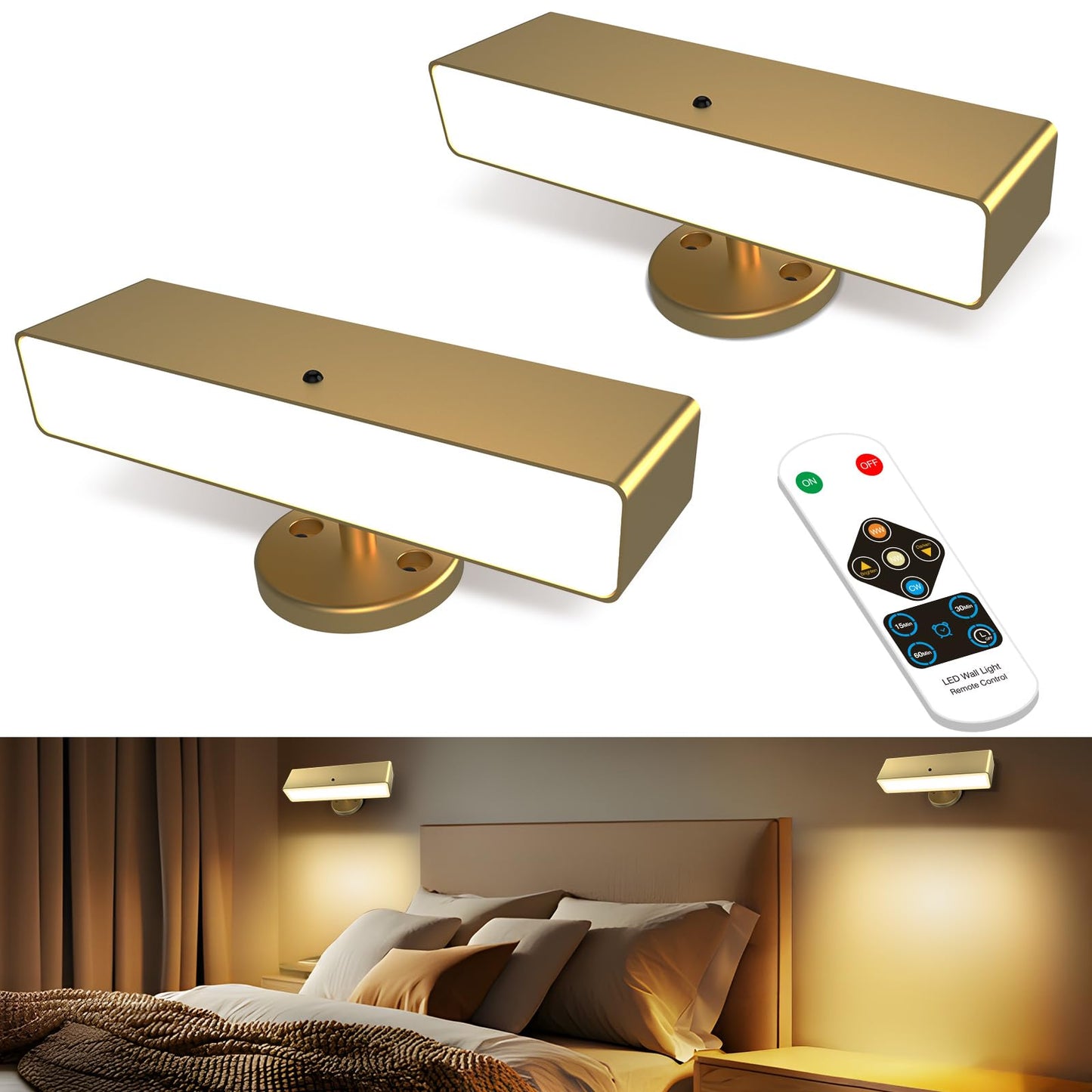 Battery Powered Wall Sconce Lights Set Of Two: Gold Rechargeable Wall Lights With Remote  Wireless Led Wall Mounted Lights  360?Rotation Magnetic Cordless Scone Lighting For Bedroom Living Room