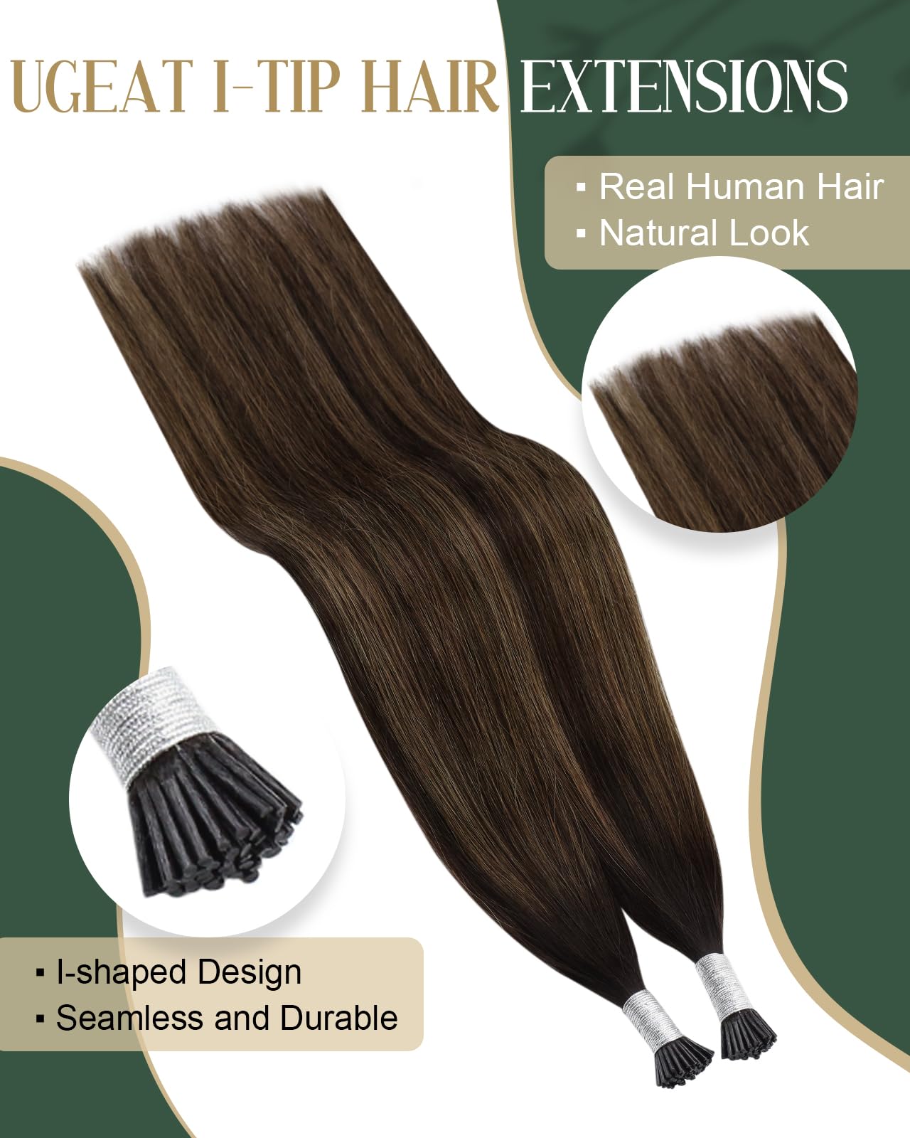 Ugeat Balayage Itip Human Hair Extensions Brown I Tip Hair Extensions Human Hair Medium Brown Ombre Invisible Add Length and Vol