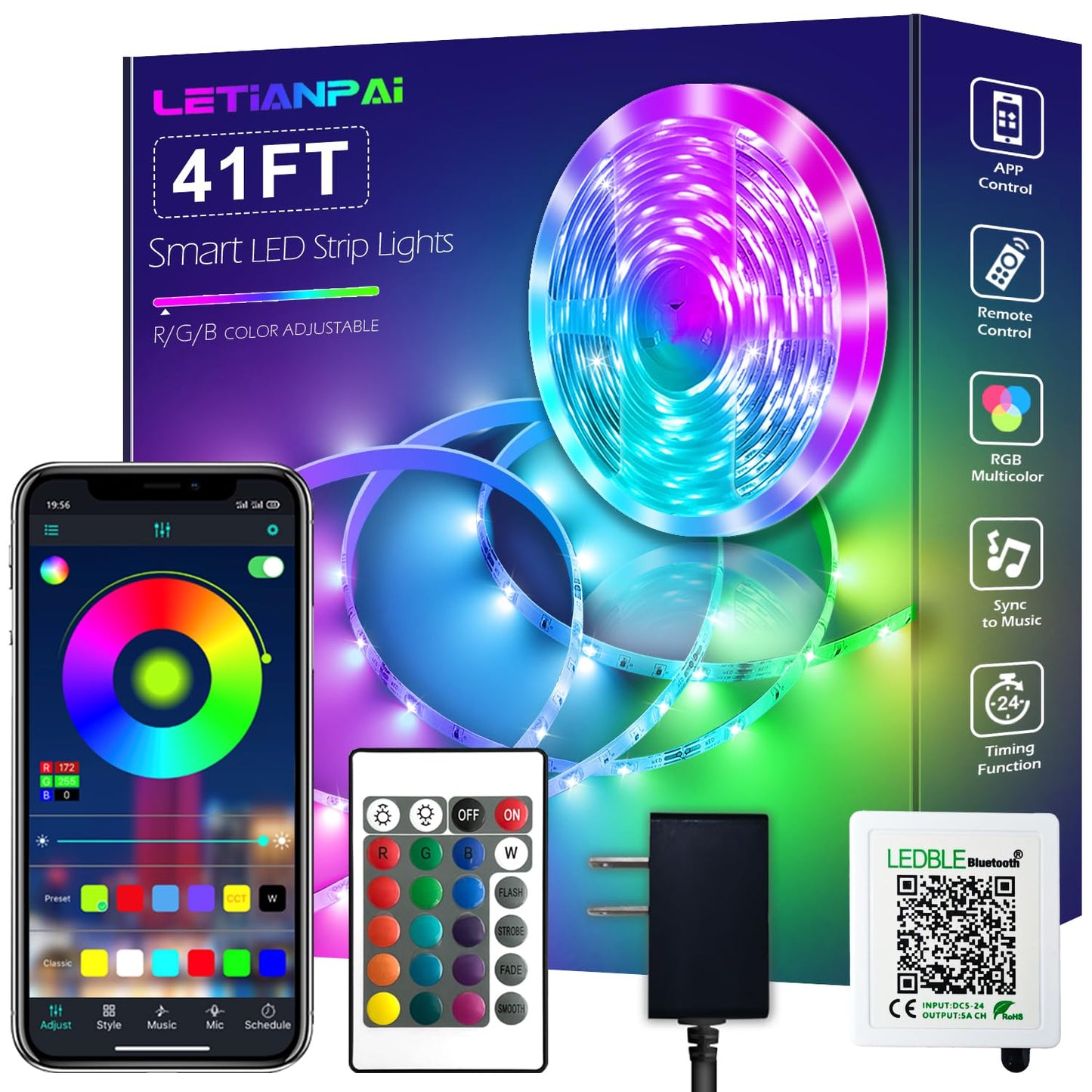 LETIANPAI LED Strip Lights, 40ft Music Sync RGB Color Changing with Remote & App Control, Multicolor