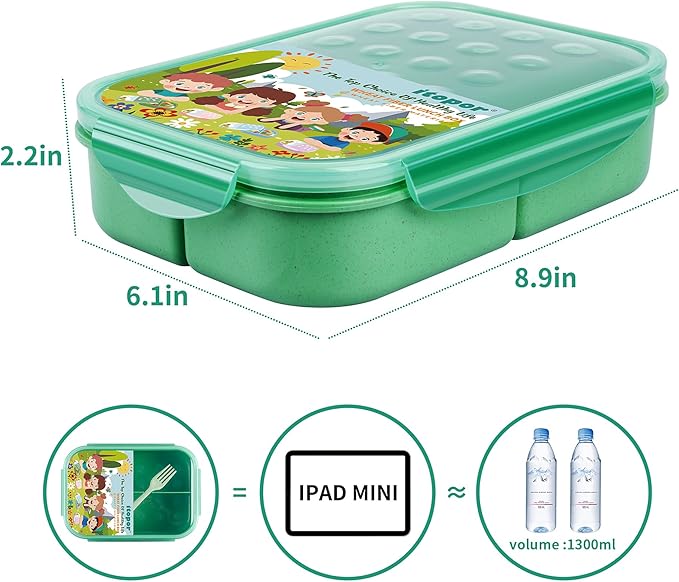 Wheat Straw Bento Box, BPA-Free Lunch Box for Kids & Adults - Leakproof 3-Compartment Lunch Containers with Utensil, Microwave/Dishwasher Safe, 5.5 Cup Green