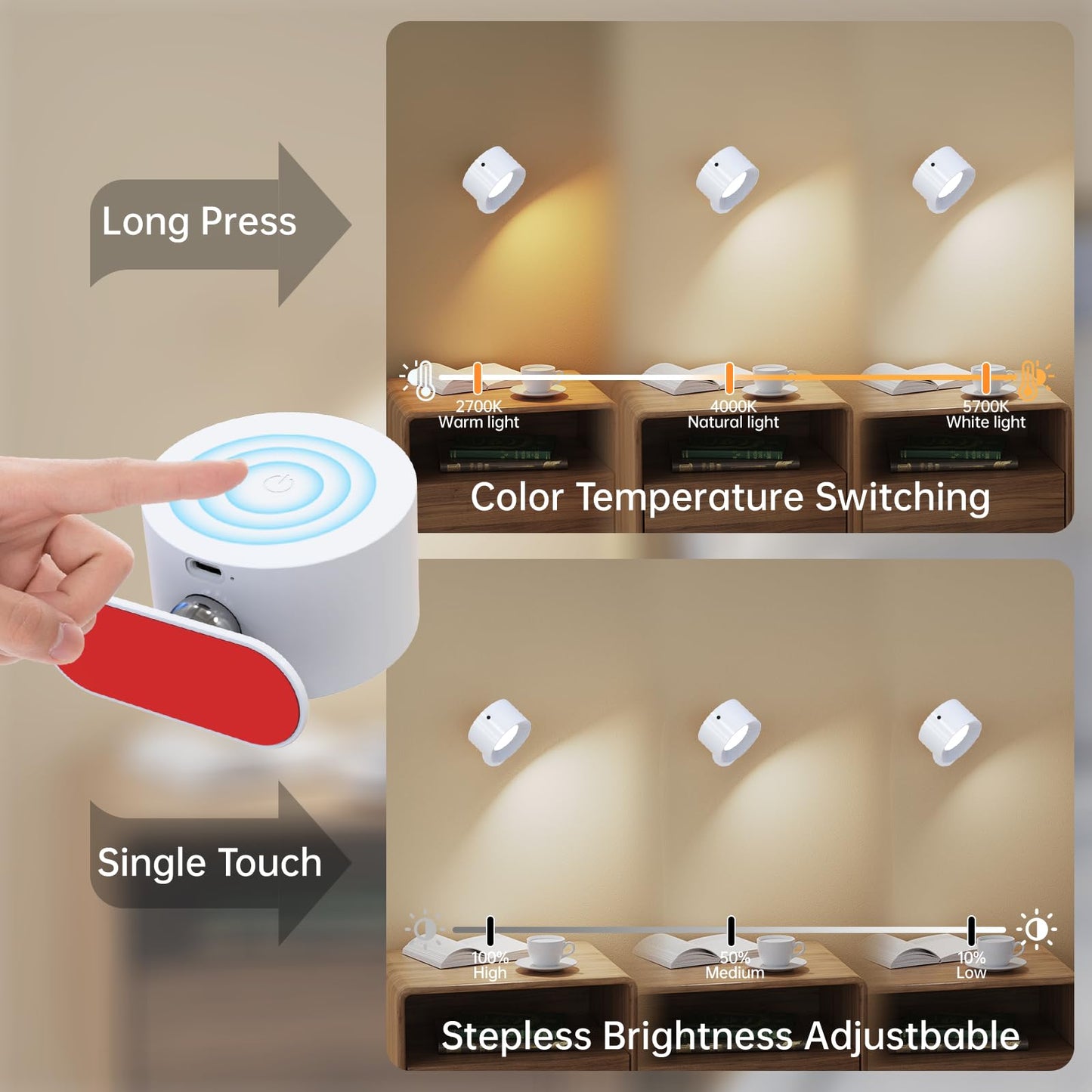Aksda 3Pack Battery Operated Wall Sconce  3 Color Modes 3 Brightness Levels 360?Otation Lighting Timer Touch & Remote Control  Wall Mounted Lamp Led Wall Lights For Bedroom Reading Bedside (White)