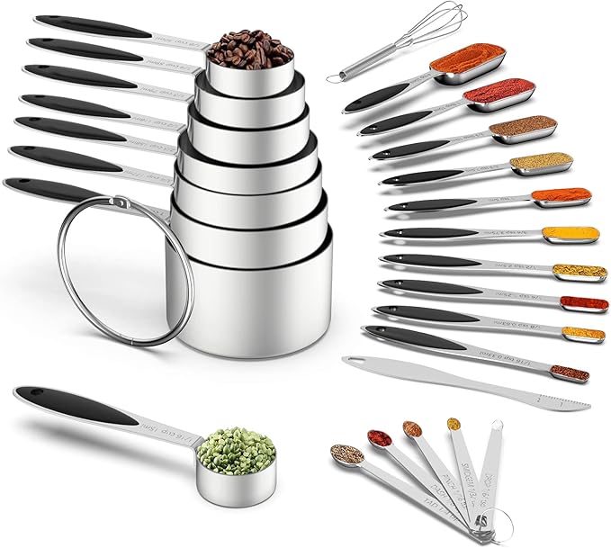 Measuring Cups and Measuring Spoons Set, Wildone Stainless Steel 8 Measuring Cups, 10 Measuring Spoons, 1 Leveler 1 Whisk & 5 Mini Spoons, for Dry and Liquid Ingredient - 25 Piece Black
