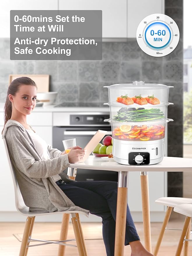 3 Tier Electric Food Steamer for Cooking, 13.7QT Vegetable Steamer for Fast Simultaneous Cooking, Veggie Steamer, Food Steam Cooker, 60 Minute Timer, BPA Free Baskets, 800W(White)