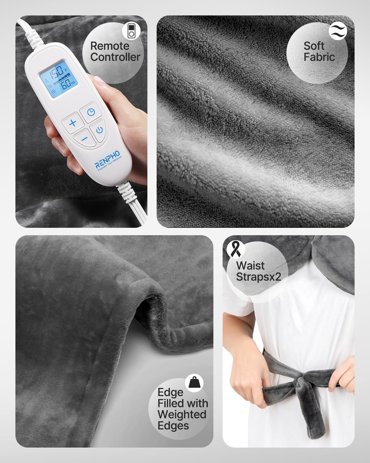 RENPHO Electric Heating Pad for Back, Valentines Day Gifts for Her Him, Birthday Gifts for Women Men Mom, FSA Eligible HSA Approved, Large Heat Pad for Neck Shoulders, 24"x33", ETL Certified, Gray