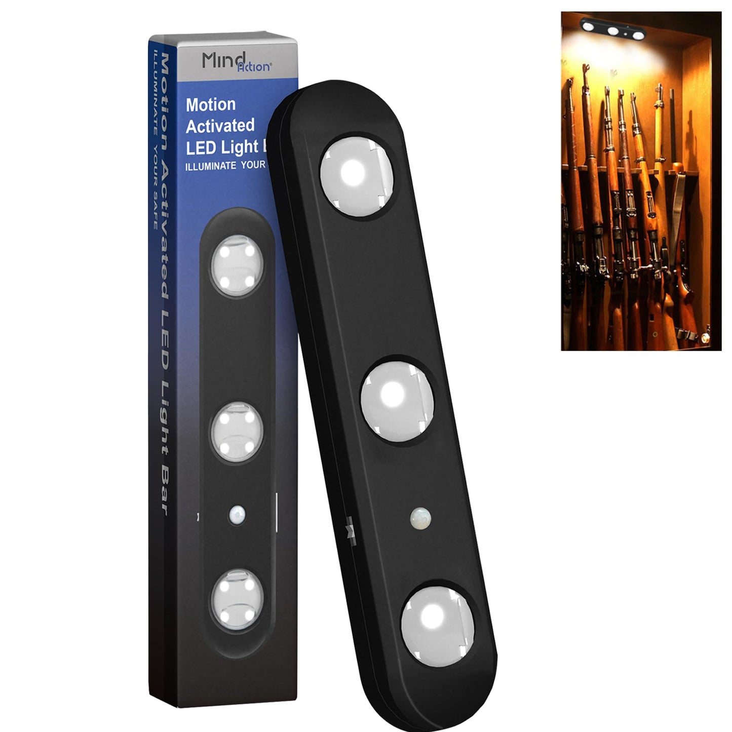 MIND&ACTION LED Gun Safe Light, Motion Activated, Ultra Bright, Battery Powered, Black, Model XW-DJQD-N6PA, 1 Pack