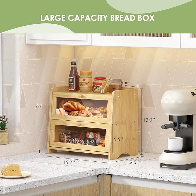 Double Layer Bread Box for Kitchen Countertop, Large Breadbox Bread Container Storage with Windows, Wooden Farmhouse Bread Holder (Natural Bamboo)