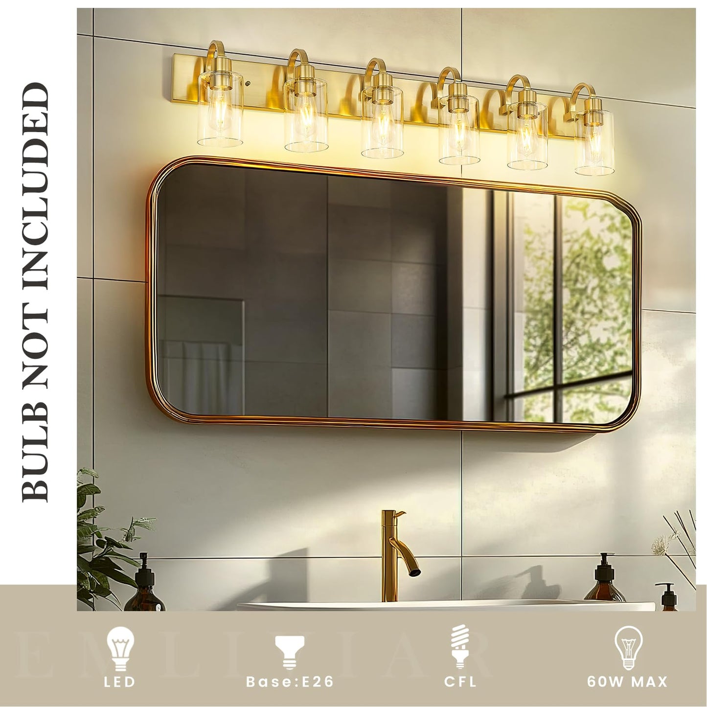 Emliviar Large 6-Light Vanity Lighting For Powder Room  44.7 Inch Wall Lamp Over Mirror With Clear Glass Shade  Brushed Gold Finish  Yce237B-6W Bg