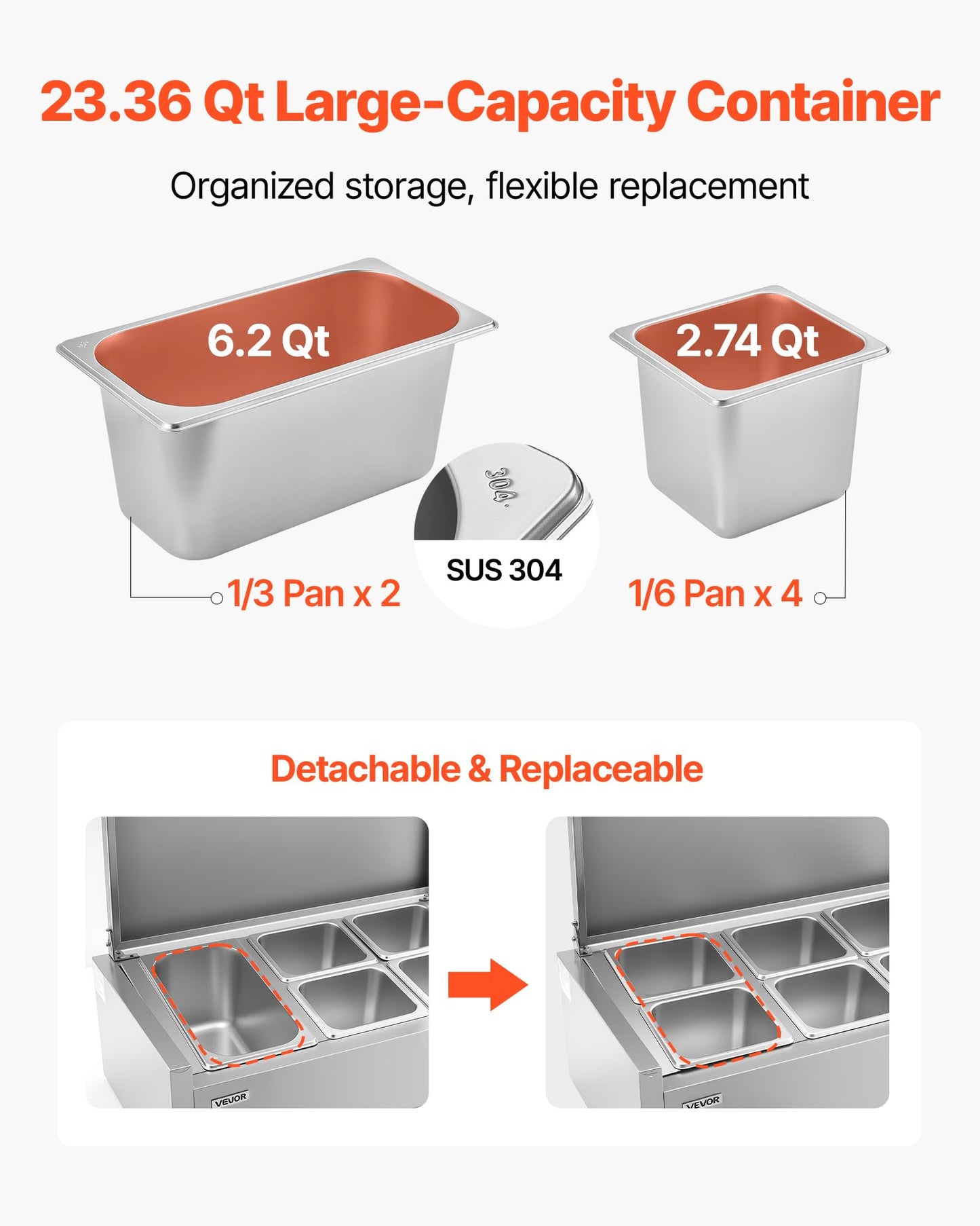VEVOR Refrigerated Condiment Prep Station, 130 W Countertop Refrigerated Condiment Station, with Two 1/3 Pans & Four 1/6 Pans, 304 Stainless Body and PC Lid, Sandwich Prep Table with Stainless Guard