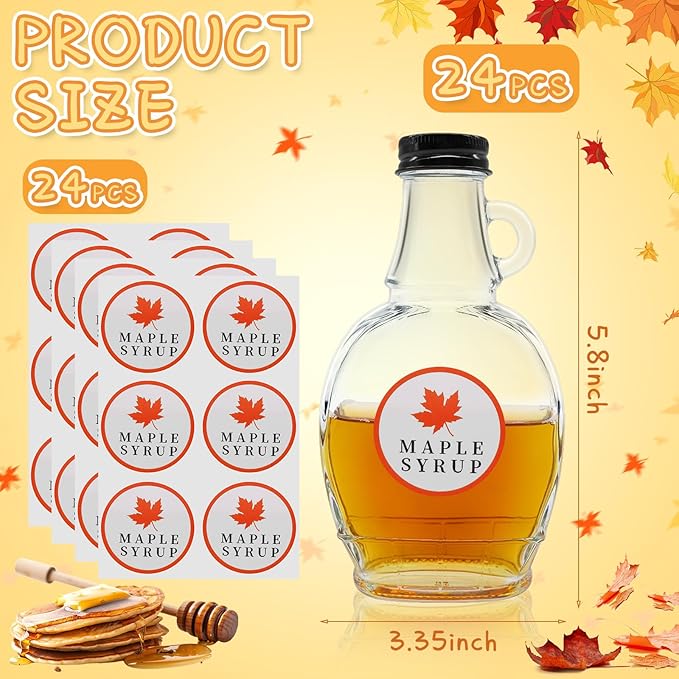 5 oz Maple Syrup Bottles with Loop Handle Black Aluminum Lids, Clear Glass Bottles with Round Stickers, Maple Syrup Jars Container Sample for Gift Juice Milk Sauce Storage (12)