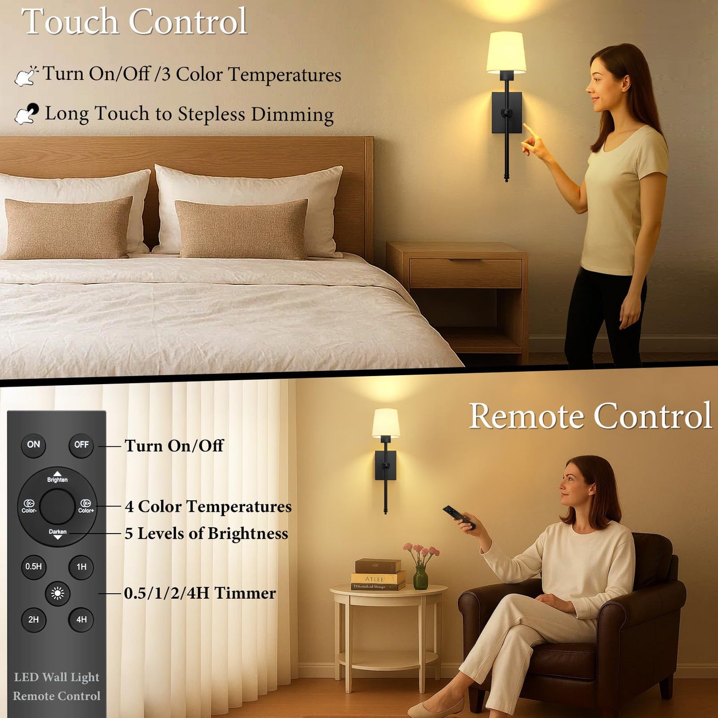 Rechargeable Battery-Operated Wall Sconces Set Of 2: Black Wireless Wall Lights With Touch And Remote  6000Mah Battery Powered Scone Lighting Cordless Wall Lamp For Bedroom Living Room Hallway