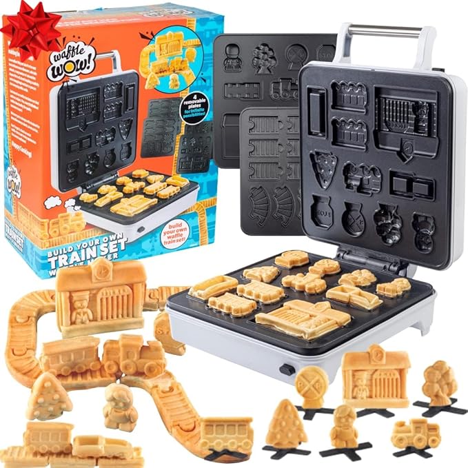 Train Set Waffle Maker – Build Track & Cargo Car Shaped Mini Waffles – Electric Non-Stick Plates, Dishwasher-Safe Removable Inserts for Kids Xmas Breakfast, Pancakes, Snacks, Family Fun Gift & Play!