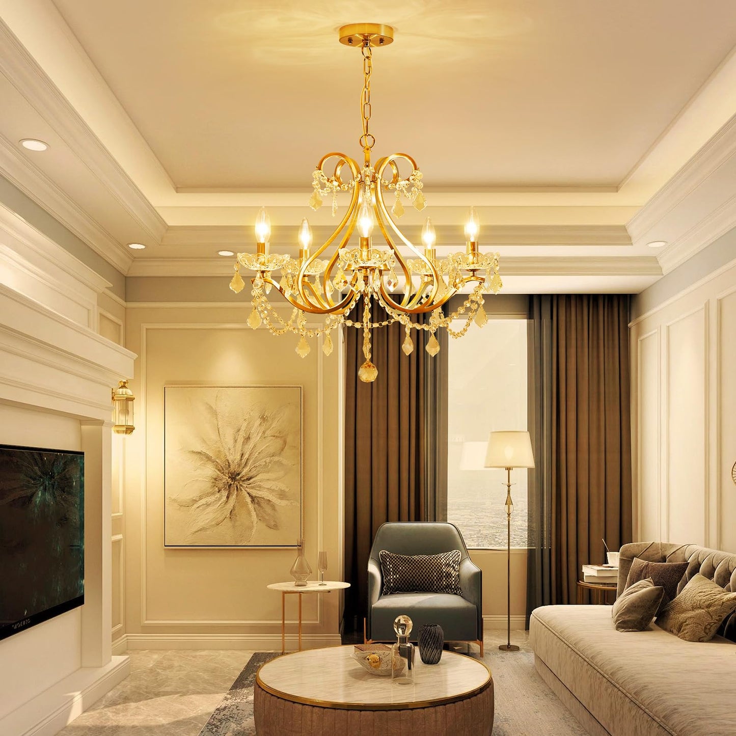 Wuzups Crystal 5-Light Candle Chandelier Pendant Flushmount Ceiling Light Modern Lighting Fixture For Bedroom Hallway Bar Kitchen Bathroom  H 20.9 X W 21.7  Brushed Nickel  E12 Base