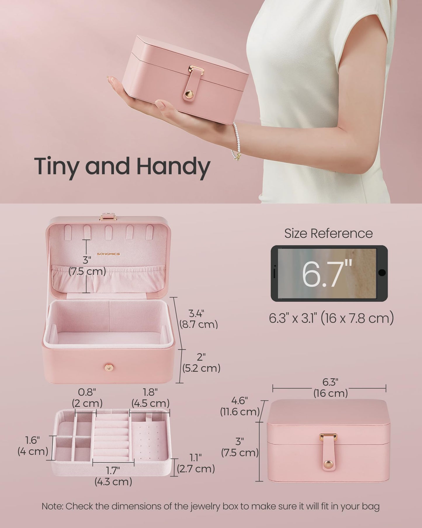SONGMICS Jewelry Box, Travel Jewelry Case, 2-Layer Jewelry Holder Organizer, Portable Versatile Earring Storage, for Larger Acce