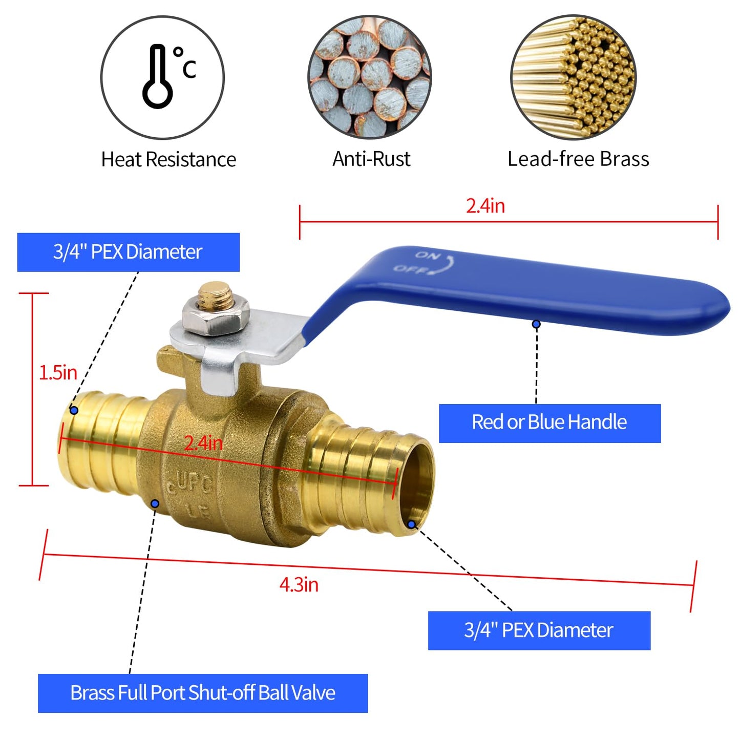 10pcs PEX Ball Valves, 3/4" PEX Brass Full Port Shut Off Ball Valve, Full Port Shut-off Ball Valve, Quarter Turn HOT (RED) COLD (BLUE) of Water Stop Shut off