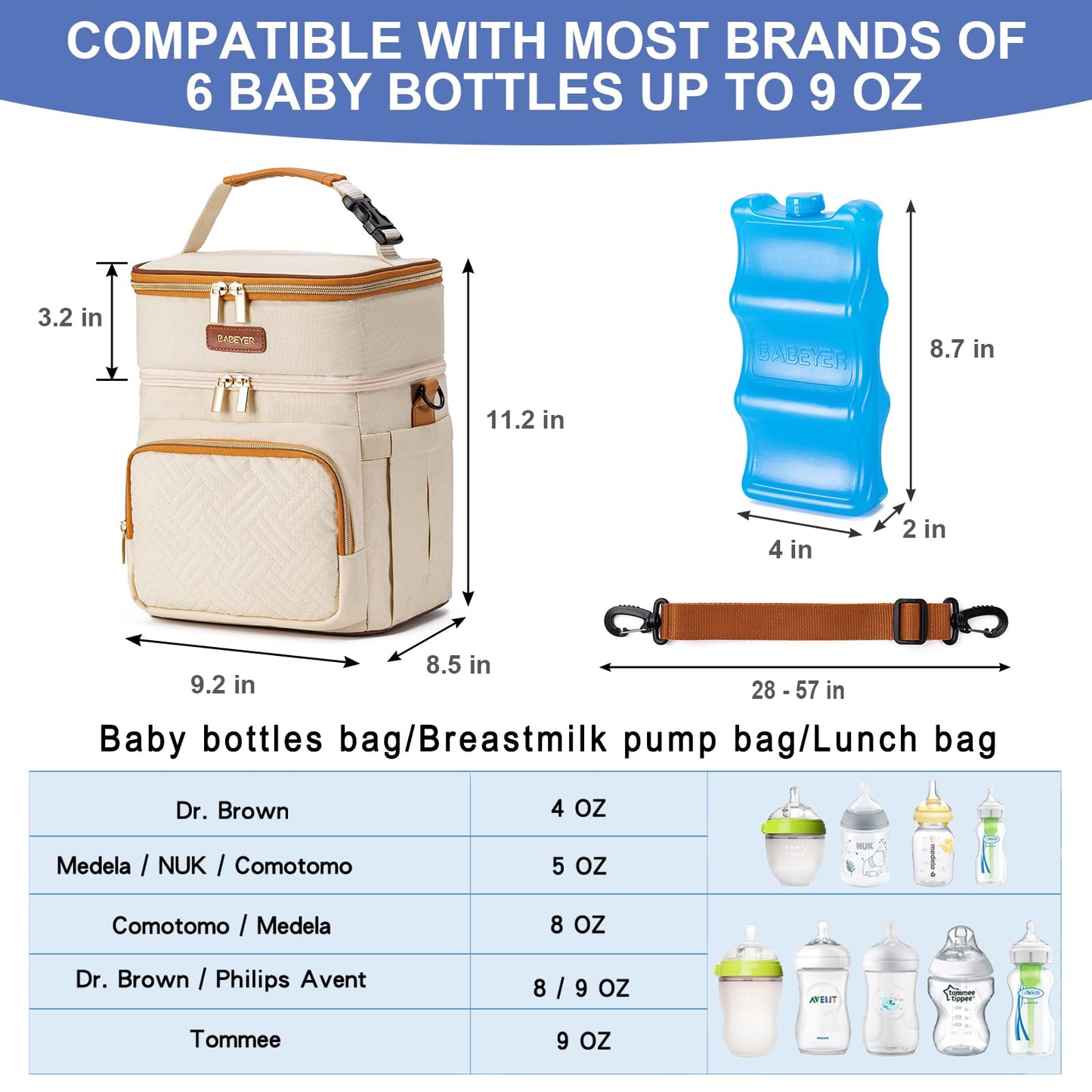BABEYER Insulated Breastmilk Cooler Bag with Ice Pack - Holds 6x9oz Bottles, Leakproof Double Layer, Baby Bottle Cooler Bag with Adjustable Strap for Nursing Moms, Daycare & Travel