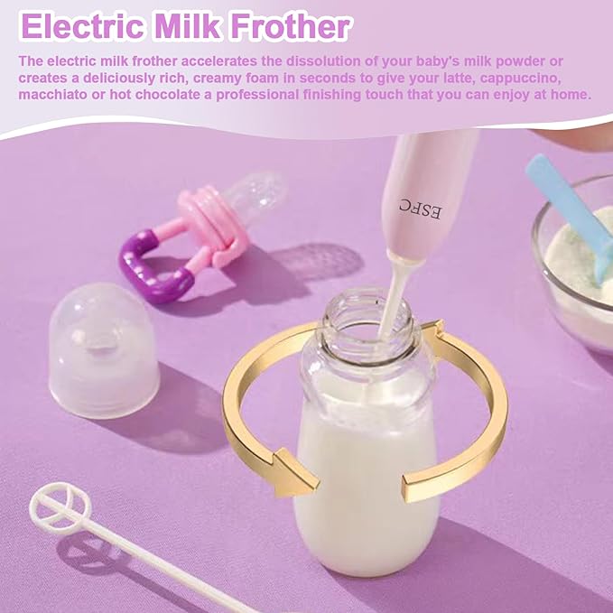 Portable Electric Baby Bottle Brush Set With Nipple/Straw Brush, Milk Frother and Drying Base, Waterproof IPX7, Rechargeable Travel Cleaning Kit, Purple