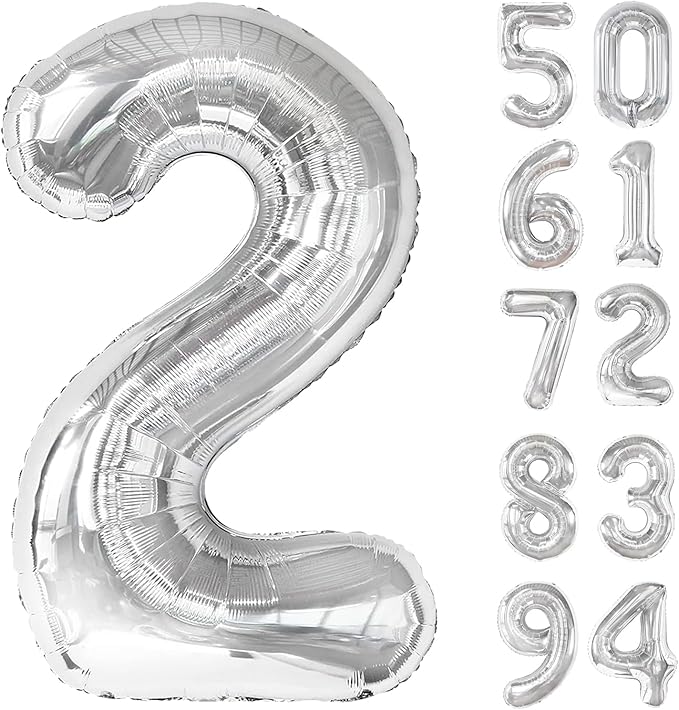 Silver 2 Balloon, Number Balloons 40 Inch, 2nd Balloon Number Birthday Decorations, Two Second Birthday Party Supplies, Nu...