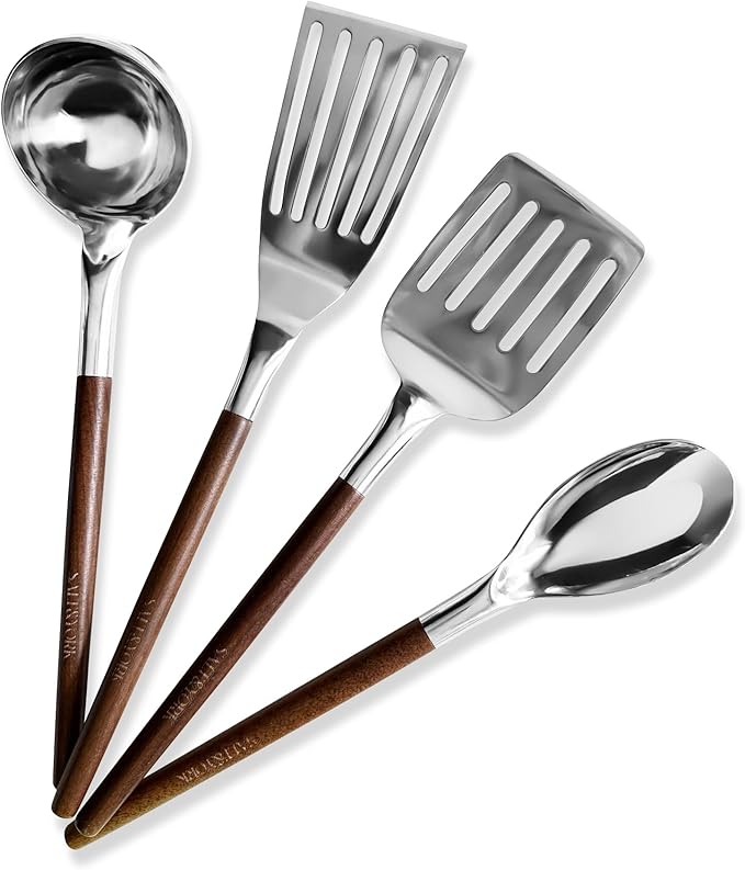 Salt & York 4-Piece Stainless Steel Cooking Utensil Set – Handcrafted Walnut Wood Handles, Mirror-Polished 18/8 Steel – Durable, Heat-Resistant Kitchen Tools & Premium Gift for Home Cooks