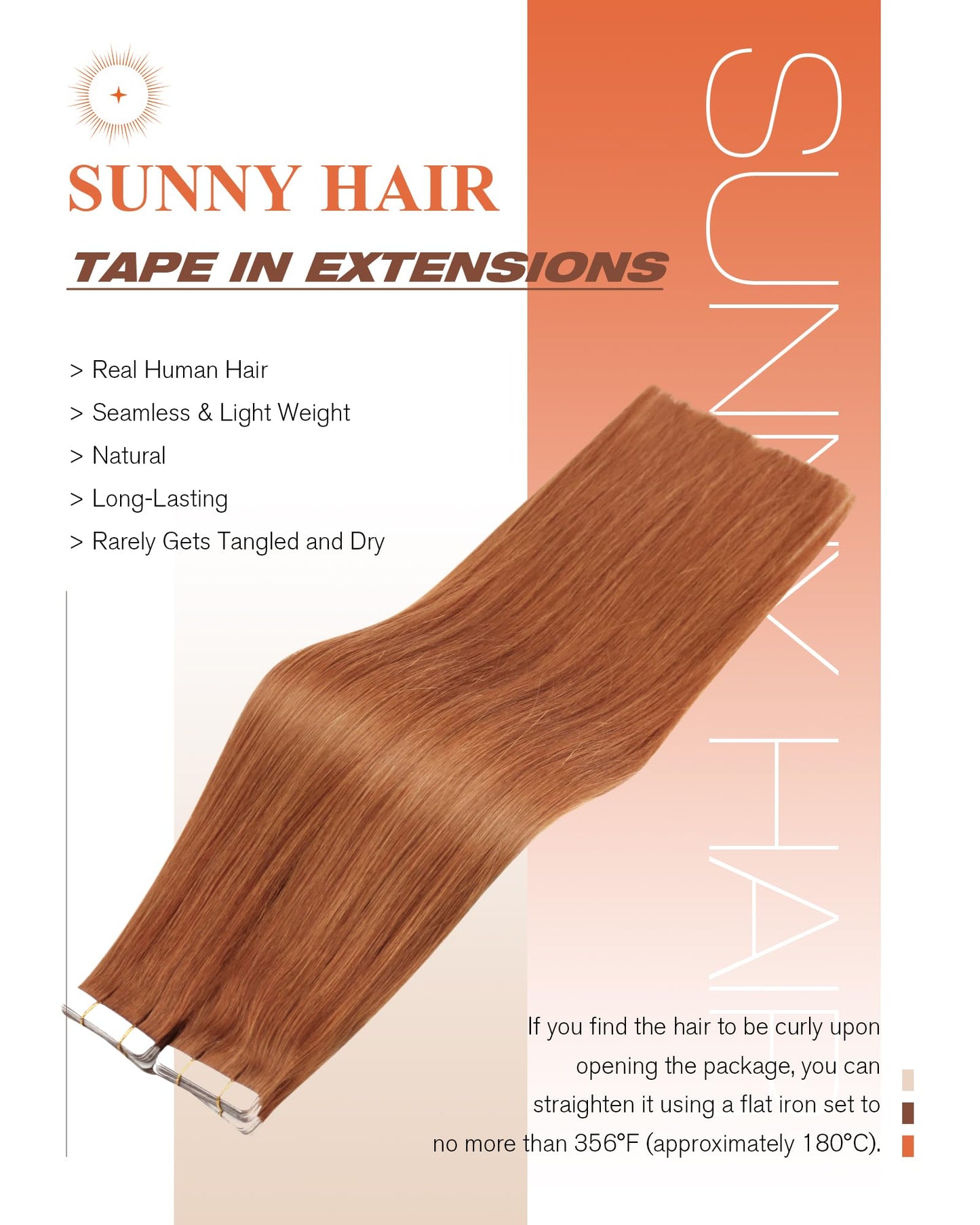 Sunny Hair Tape in Hair Extensions Real Human Hair Invisible Remy Hair Extensions Tape ins for Women Copper Red 18 inch 20Pcs 50