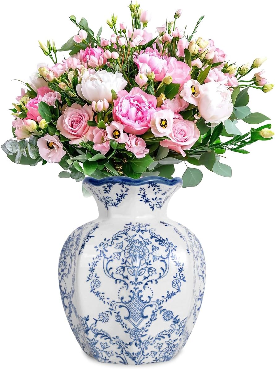 Chinoiserie Vase,Blue and White Vase,Vintage Ceramic Vases,Flower Vase for Centerpiece,Chinese Cute Vases for Living Room, Office,Home Decor (Blue White, Small)