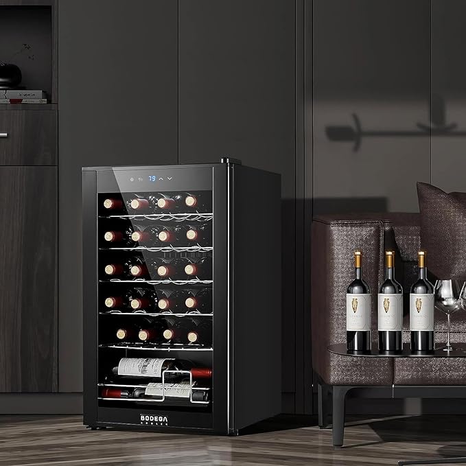 BODEGACOOLER 24 Bottle Mini Fridge for Bedroom, Compressor Wine Cooler Refrigerator for Home and Kitchen, Wine Cooler with Digital Temperature Control & Double-layer Glass Door for Wine, Champagne.